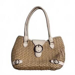Brighton Vintage Style Woven Straw Handbag with White Leather Accents